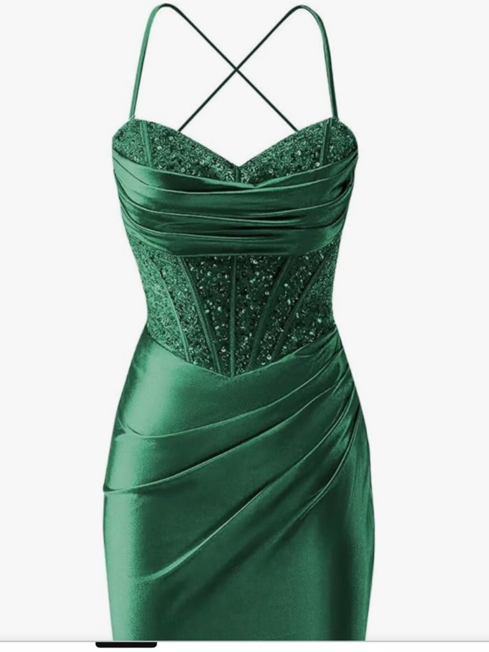Green Satin Beaded Corset Dress - Short